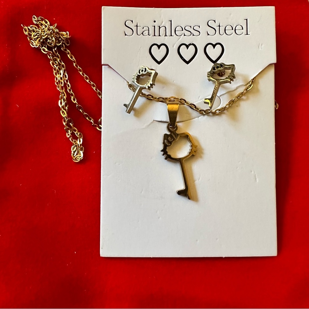 Hello Kitty Gold Tone Stainless Steel Necklace and Earrings Set